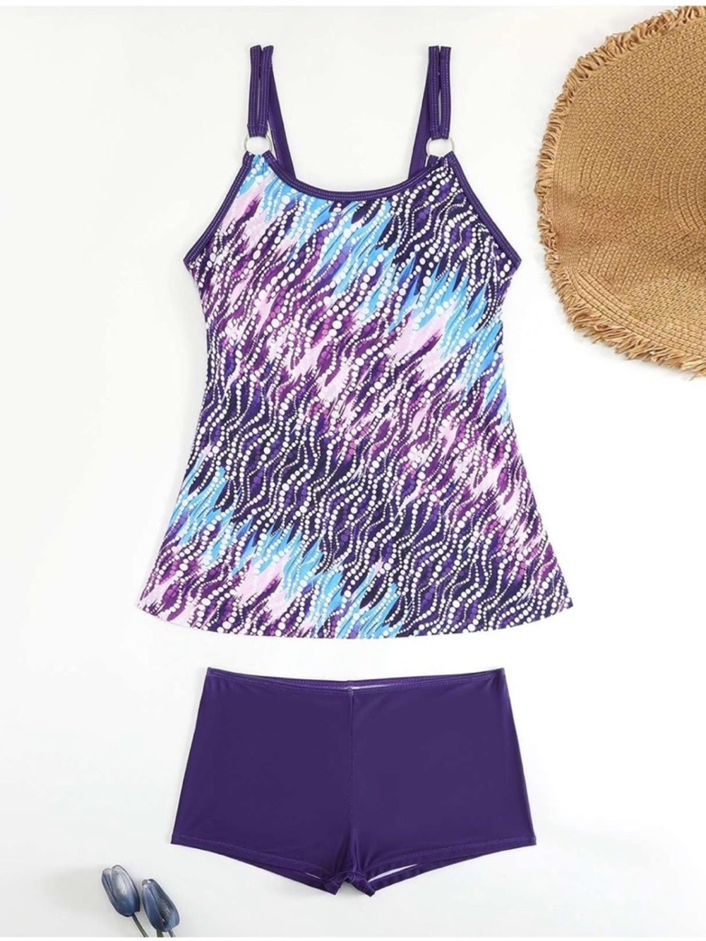 Purple Patterned Tankini Set with Shorts
